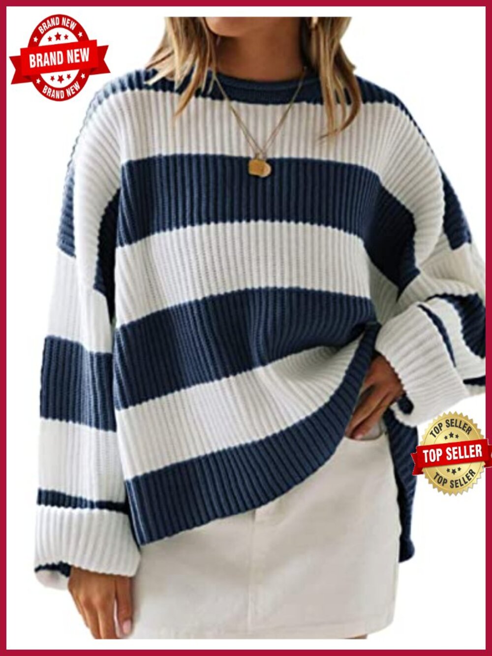 Oversized Striped Knit Sweater Pullover Long Sleeve Crew Neck Fall Winter